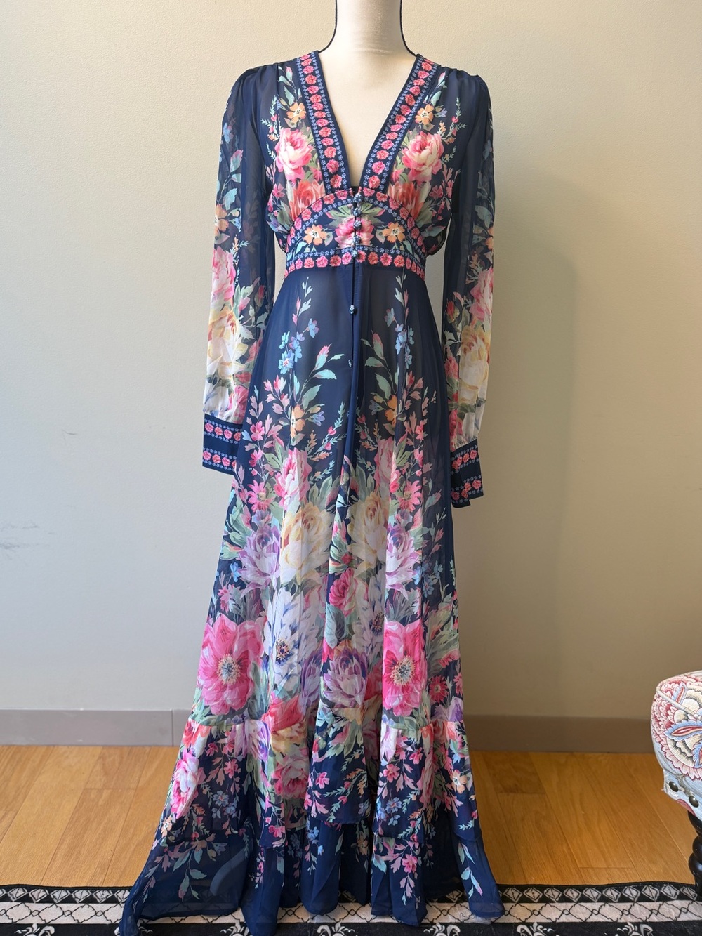Navy Floral Deep V-Neck Maxi Dress with Pink & Cream Blooms